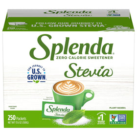 SPLENDA Stevia packets arranged in a tray for portable zero-calorie sweetness.