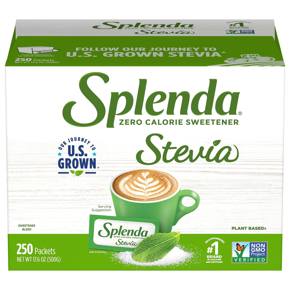 SPLENDA Stevia packets arranged in a tray for portable zero-calorie sweetness.