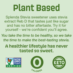 SPLENDA Stevia pour-ready container shows granulated form for sugar-free recipes.