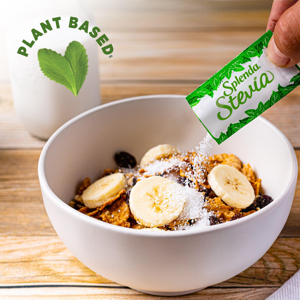 SPLENDA Stevia granulated powder close-up highlights Reb D sweetness with minimal bitterness.