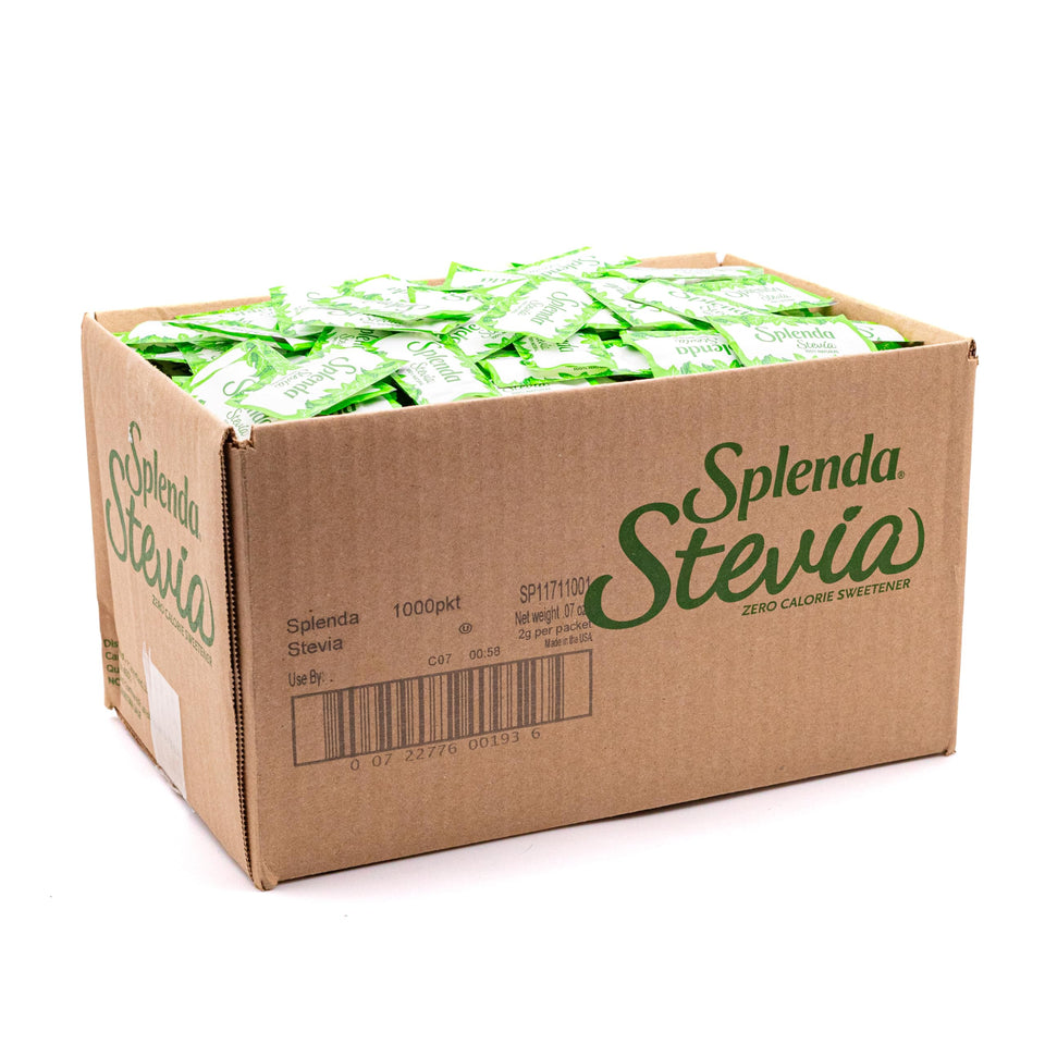 SPLENDA Stevia zero calorie sweetener packaging front; ideal for everyday drinks and baking.