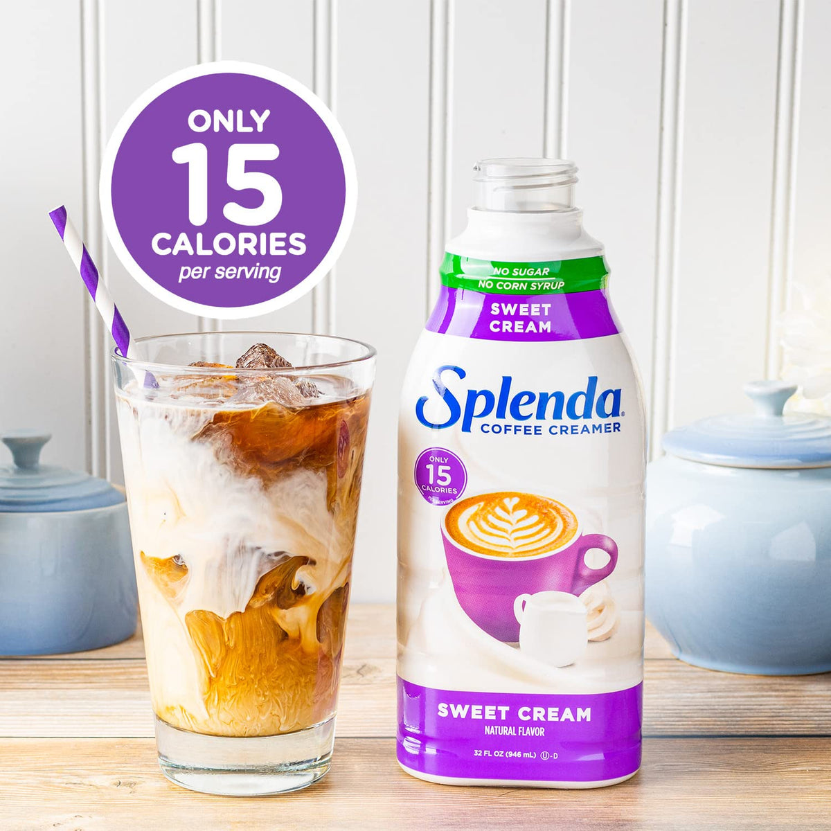 SPLENDA Sugar Free Sweet Cream creamer in cup creating a creamy swirl