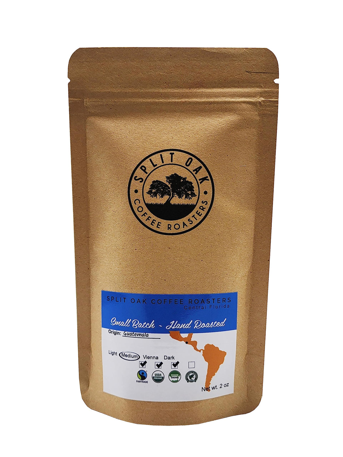 Split Oak Coffee Roasters 2oz bags close-up, convenient samples for sharing.