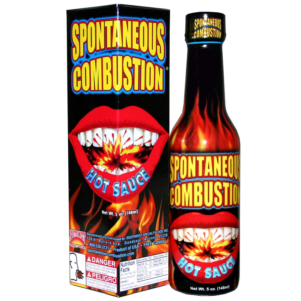 Spontaneous Combustion hot sauce bottle boosts flavor in grilled meats.