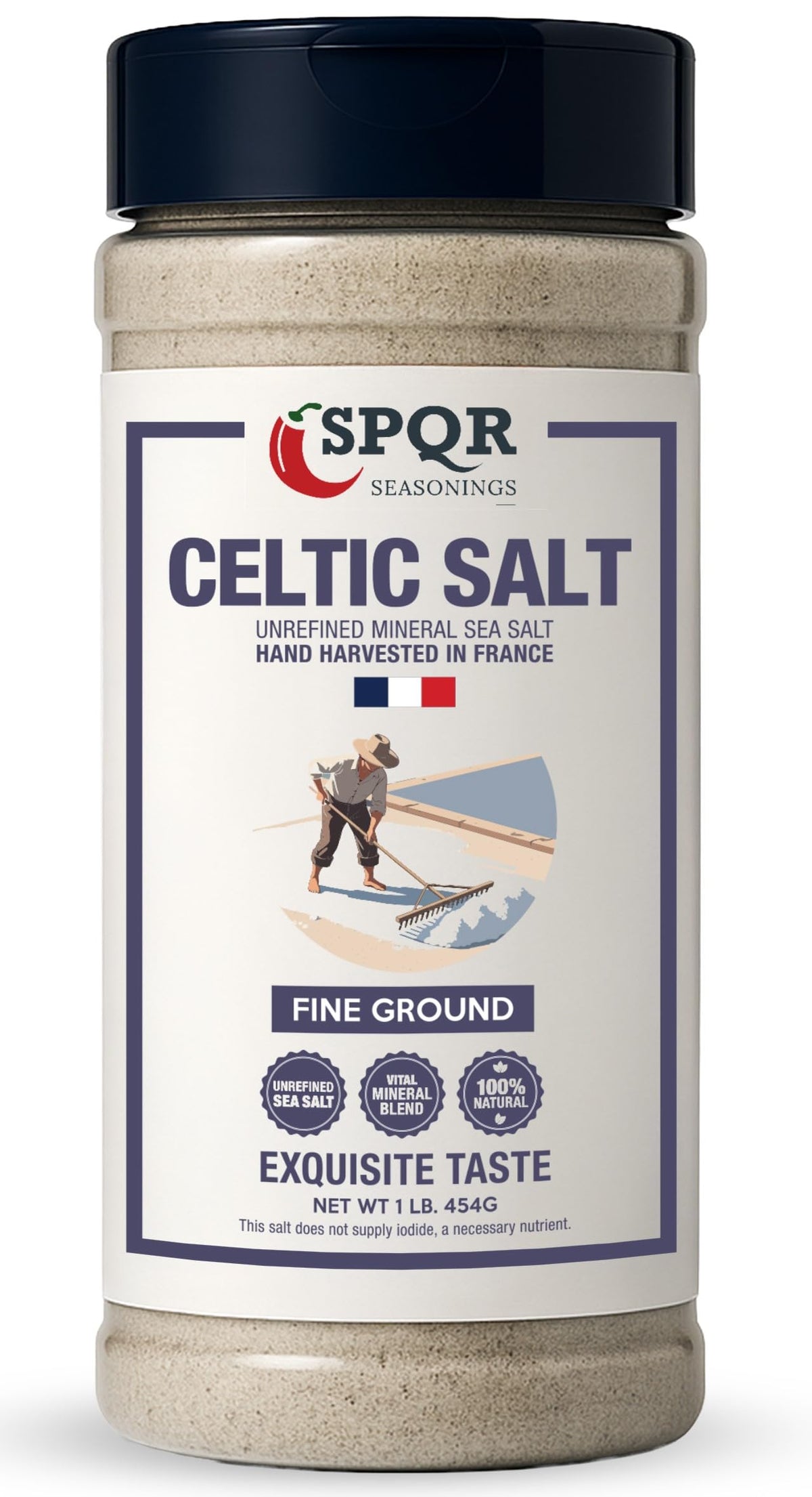 SPQR Seasonings Celtic Salt bottle shows fine-ground texture for everyday seasoning.