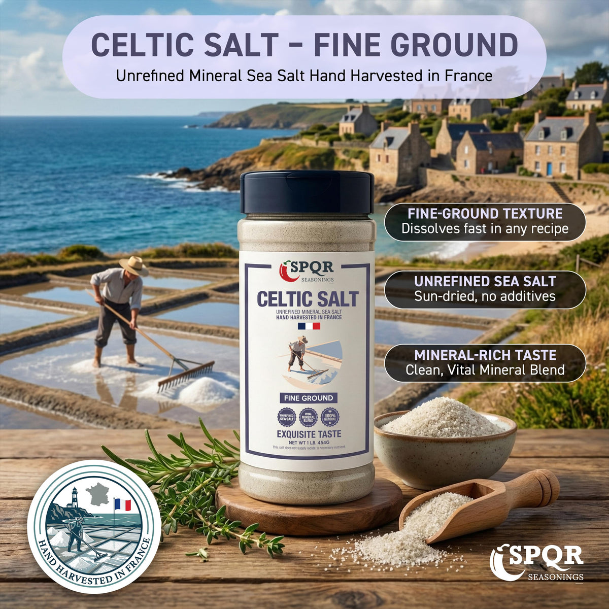 SPQR Seasonings Celtic Salt pour demonstrates smooth flow for quick, even flavoring.