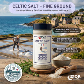 SPQR Seasonings Celtic Salt pour demonstrates smooth flow for quick, even flavoring.