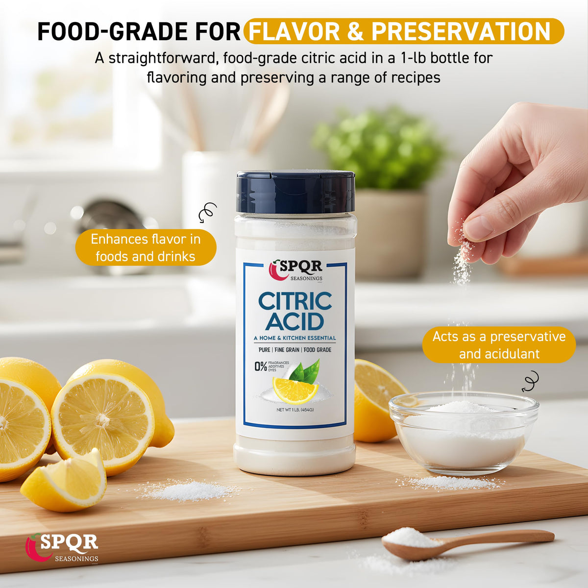 SPQR Citric Acid powder closeup showing fine texture for easy mixing
