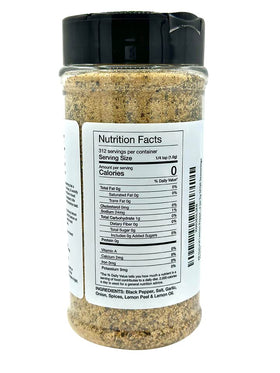 SPQR Seasonings lemon pepper jar back label shows natural ingredients and clean sourcing