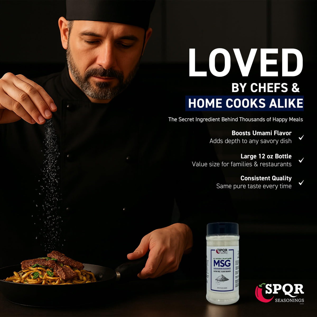 SPQR Seasonings MSG XL bottle pour showing quick savory lift in dishes