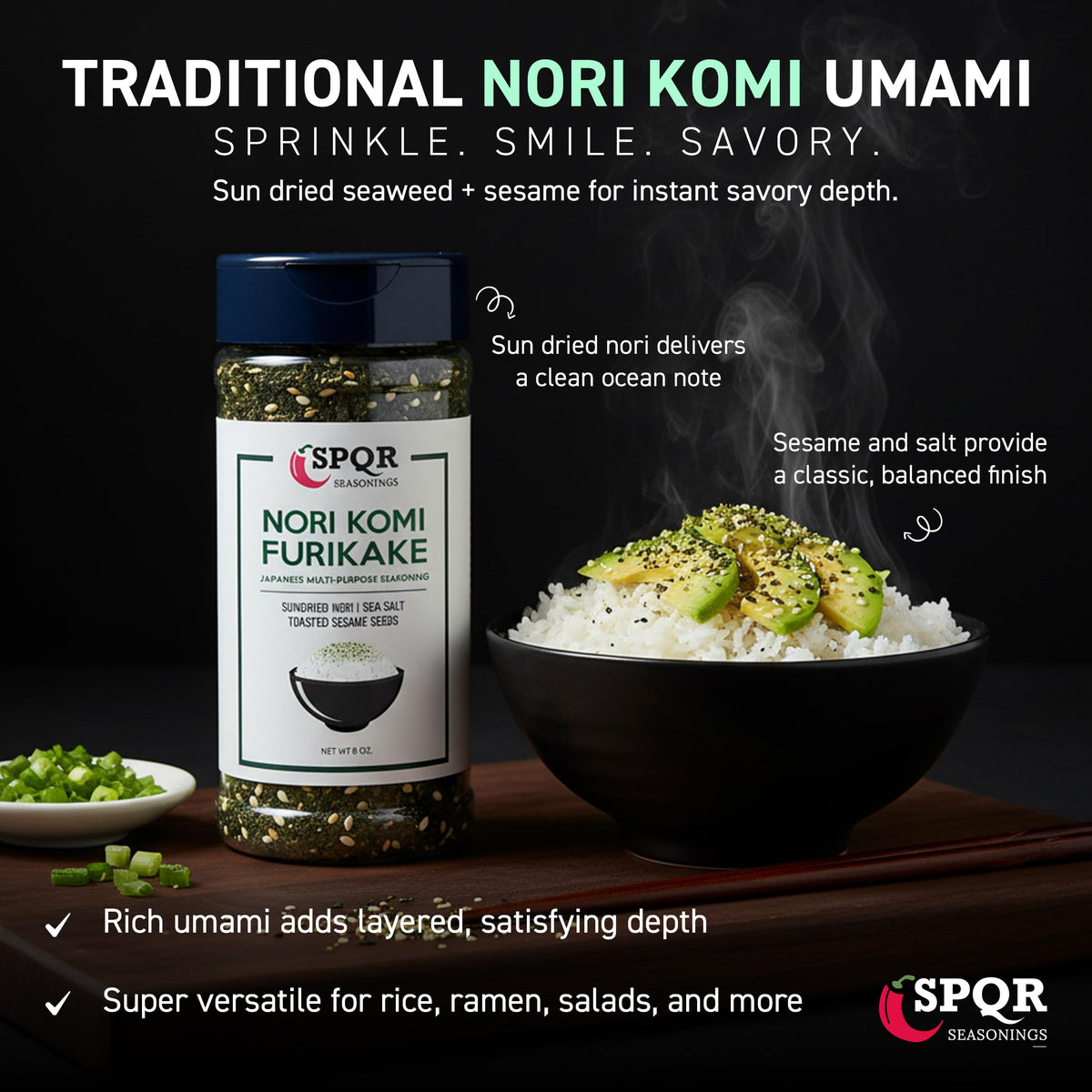 SPQR Nori Komi Furikake dry-sprinkle elevates rice, noodles, and vegetables.