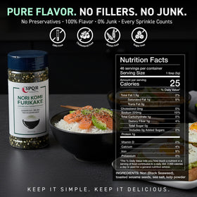 Versatile garnish for salads and seafood, SPQR Nori Komi Furikake.