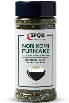 SPQR Seasonings Nori Komi Furikake jar-front adds savory Japanese flavor to meals.