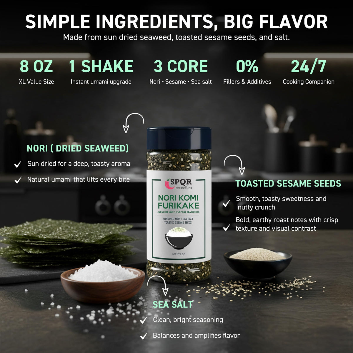 Nori Komi Furikake on rice bowls delivers rich umami without artificial additives.