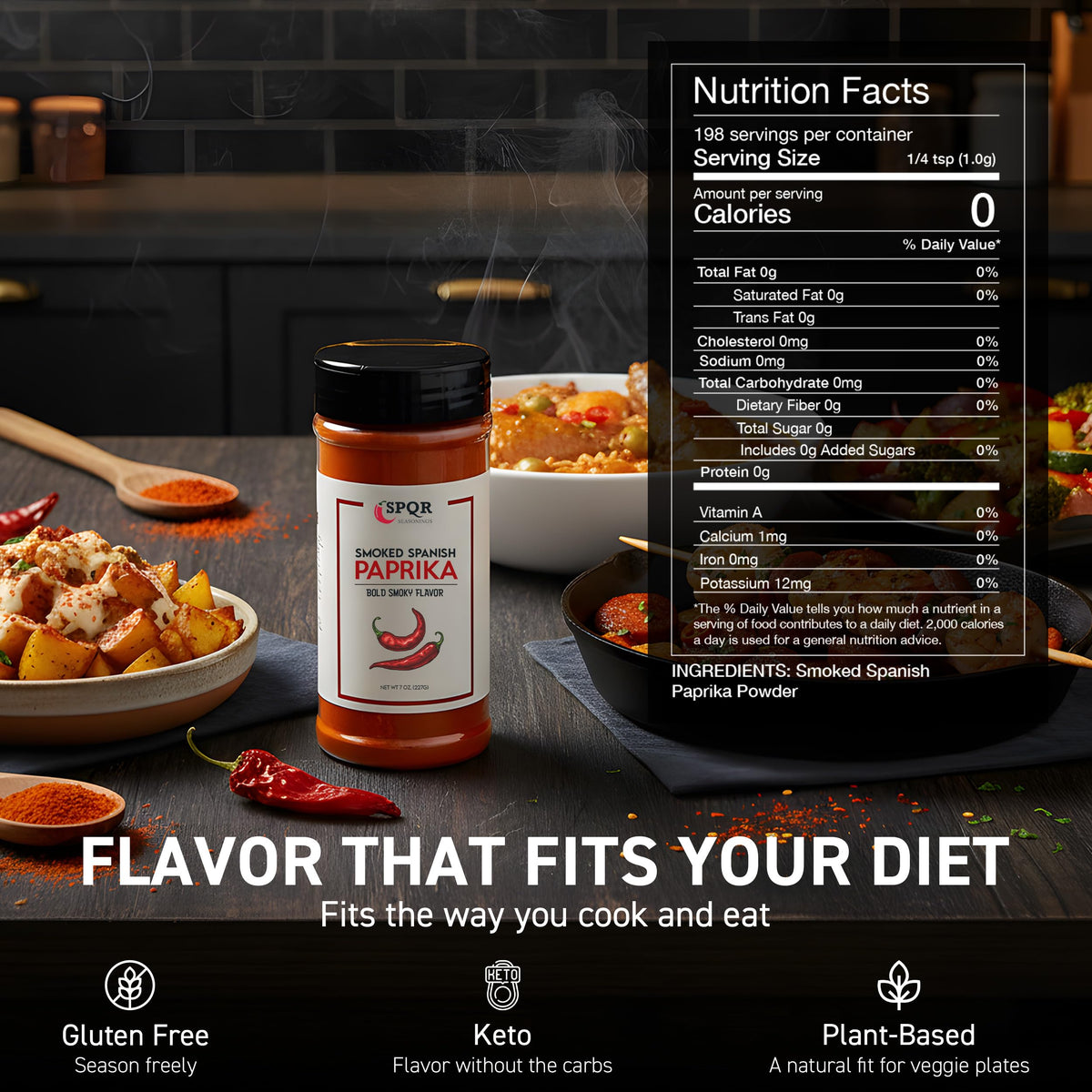 SPQR Smoked Paprika XL bottle pour shows easy seasoning for meats and vegetables