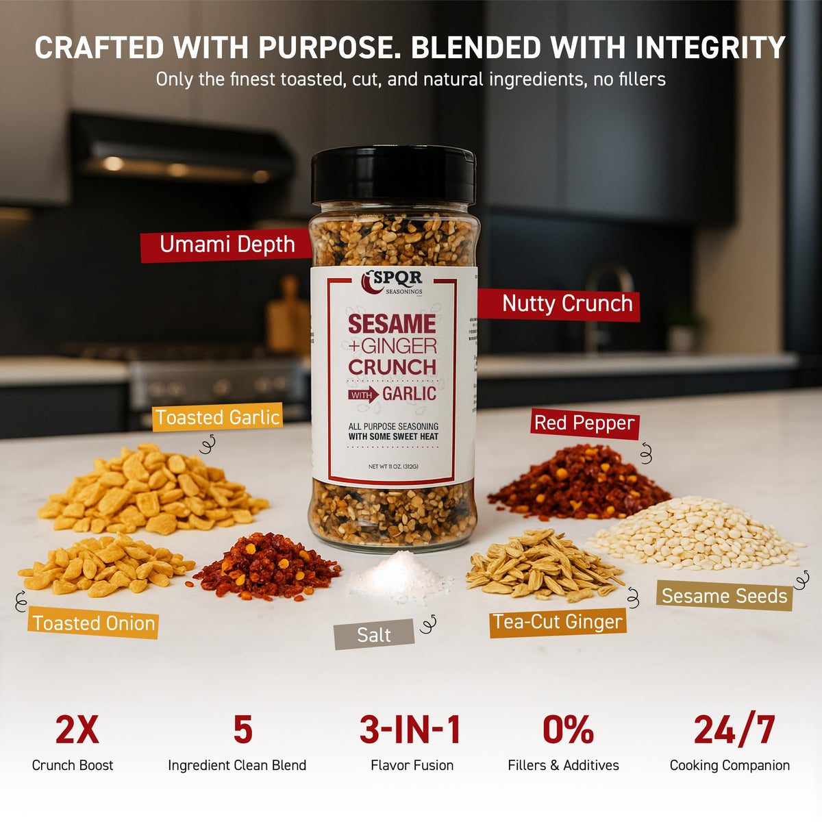 SPQR Sesame Ginger Crunch XL bottle label highlights convenient all-purpose seasoning for meals