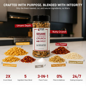 SPQR Sesame Ginger Crunch XL bottle label highlights convenient all-purpose seasoning for meals