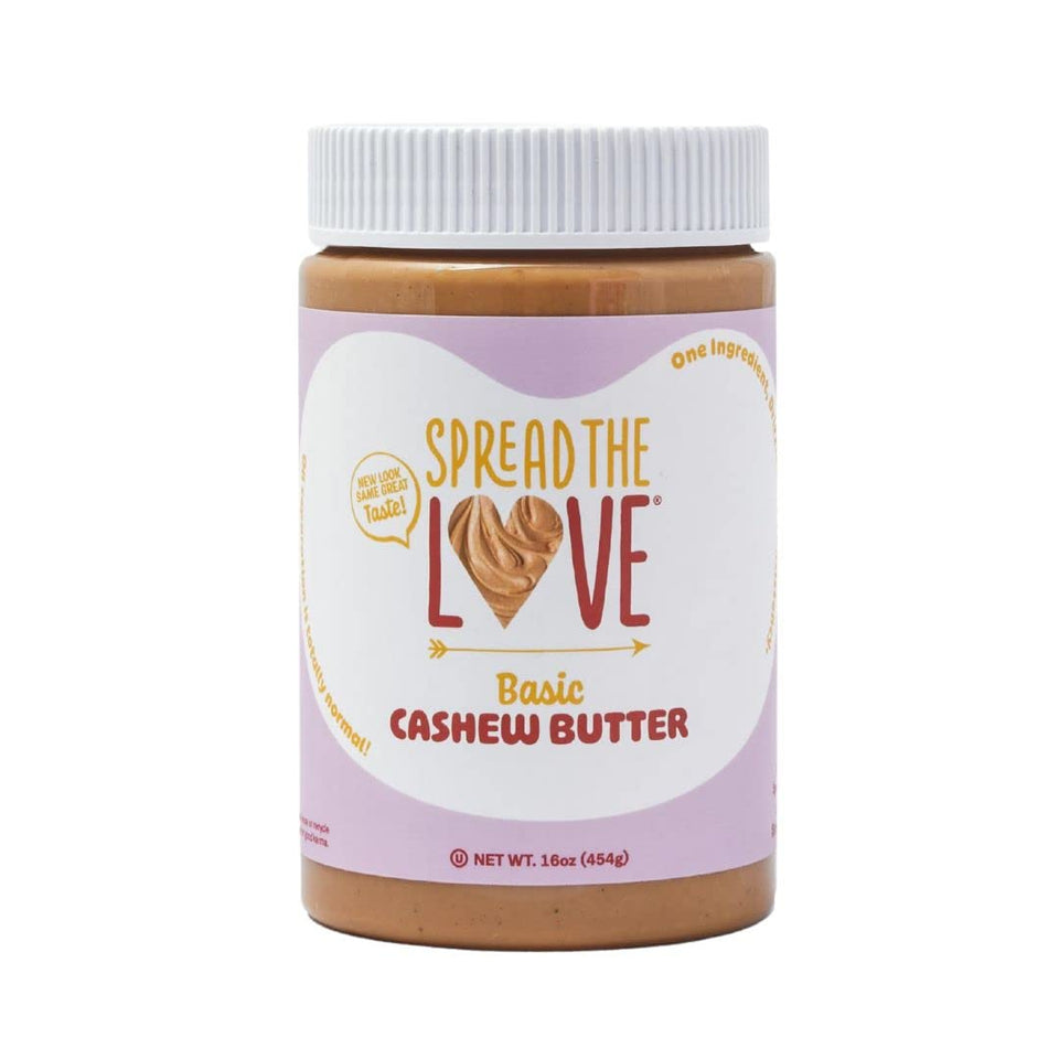 Spread The Love cashew butter jar shows 100% cashews for clean nutrition.