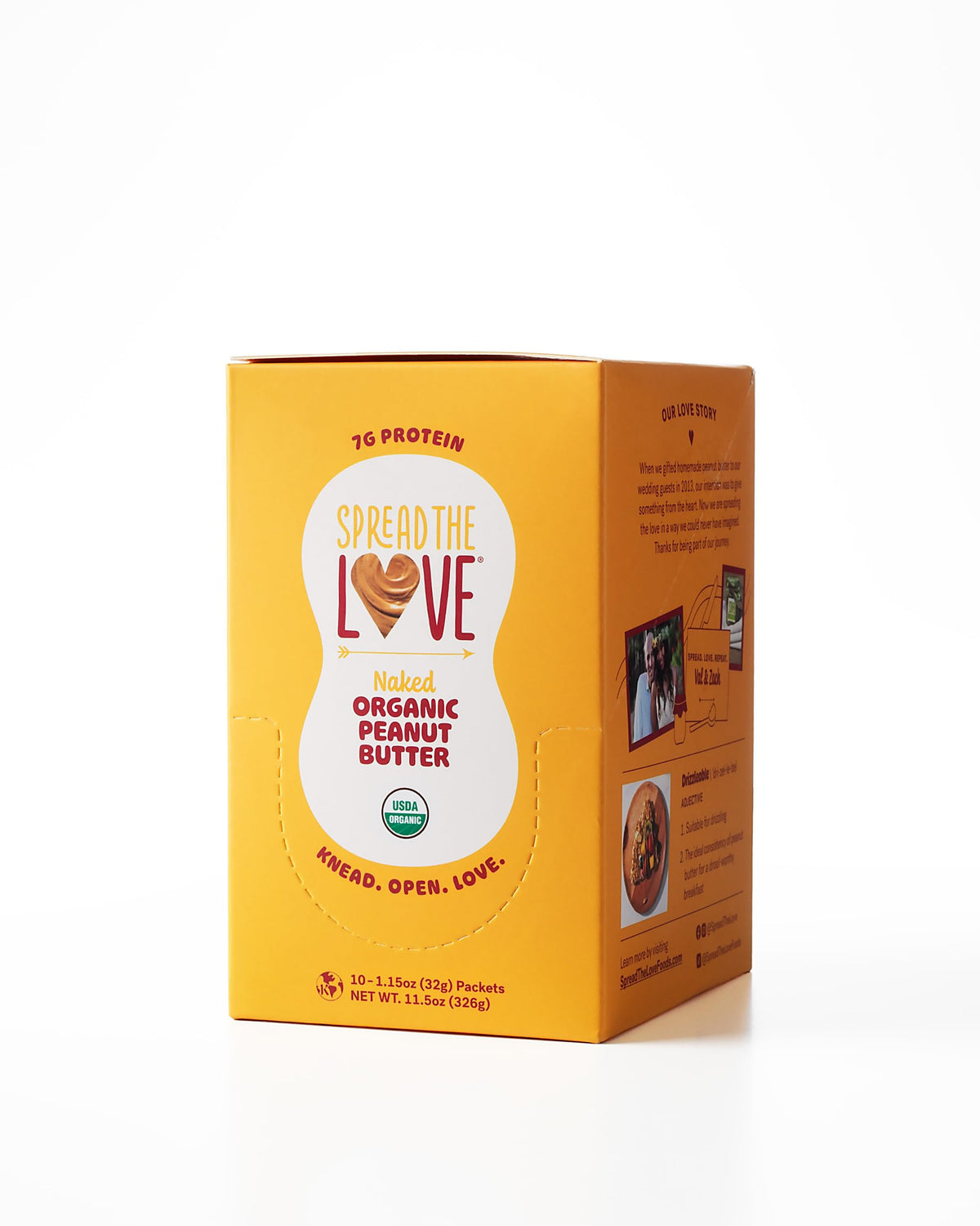 Spread The Love Naked Organic Peanut Butter 10-pack display, convenient pantry staple.