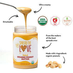Spread The Love Naked Organic Peanut Butter gluten-free and palm oil-free packaging.
