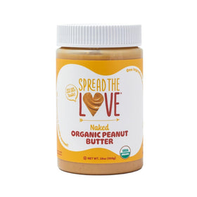 Spread The Love Naked Organic Peanut Butter jar showing pure, protein-rich peanuts.