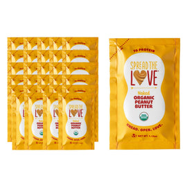 Spread The Love NAKED peanut butter squeeze pack label highlights organic ingredients for on-the-go nutrition.