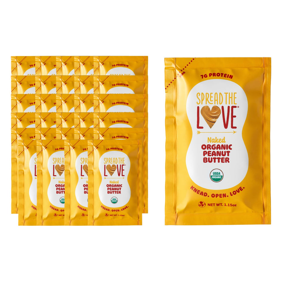 Spread The Love NAKED peanut butter squeeze pack label highlights organic ingredients for on-the-go nutrition.