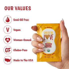 Spread The Love NAKED peanut butter squeeze pack close-up suggests pure, nutty flavor in single servings.