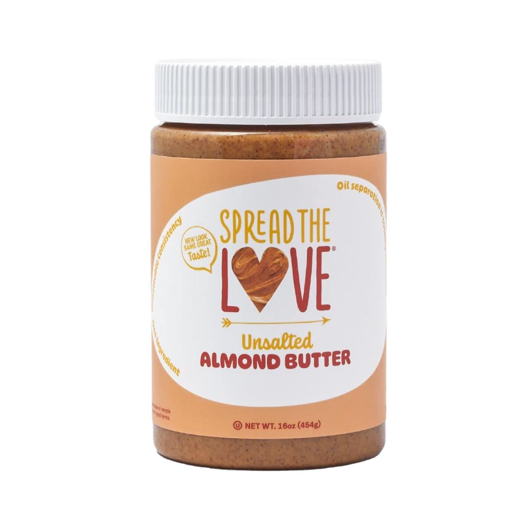Spread The Love unsalted almond butter jar shows creamy texture and premium almonds