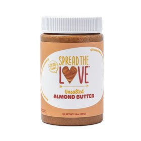 Spread The Love unsalted almond butter jar shows creamy texture and premium almonds