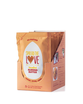 Spread The Love UNSALTED Almond Butter pack showing 10 convenient pouches for on-the-go snacking.