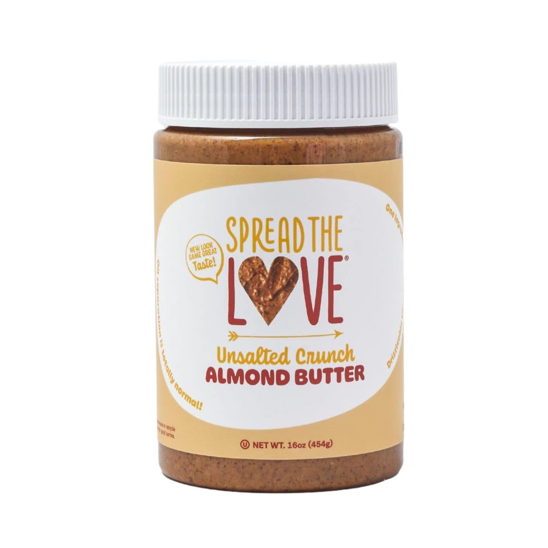Spread The Love Unsalted Crunch Almond Butter jar on table for wholesome snacking