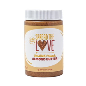 Spread The Love Unsalted Crunch Almond Butter jar on table for wholesome snacking