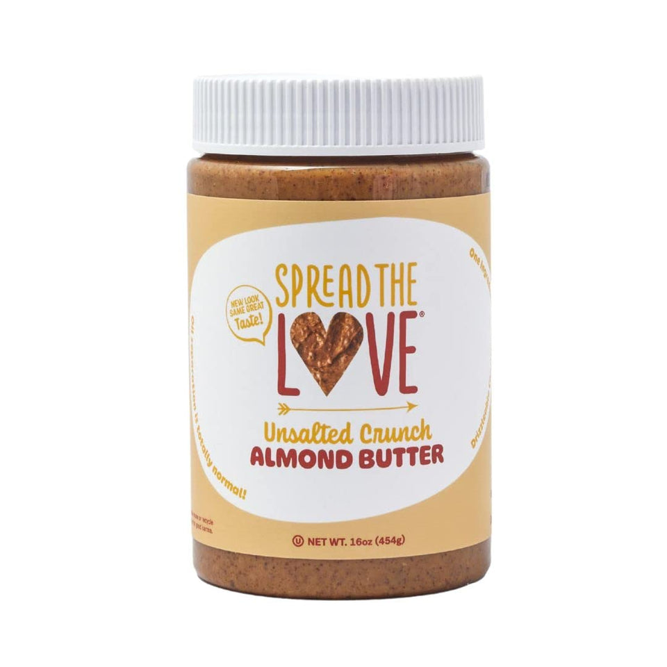 Spread The Love Unsalted Crunch Almond Butter jar on table for wholesome snacking