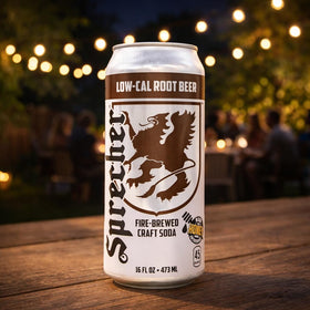 Sprecher Low Cal Root Beer being poured into a glass, capturing creamy, smooth texture.