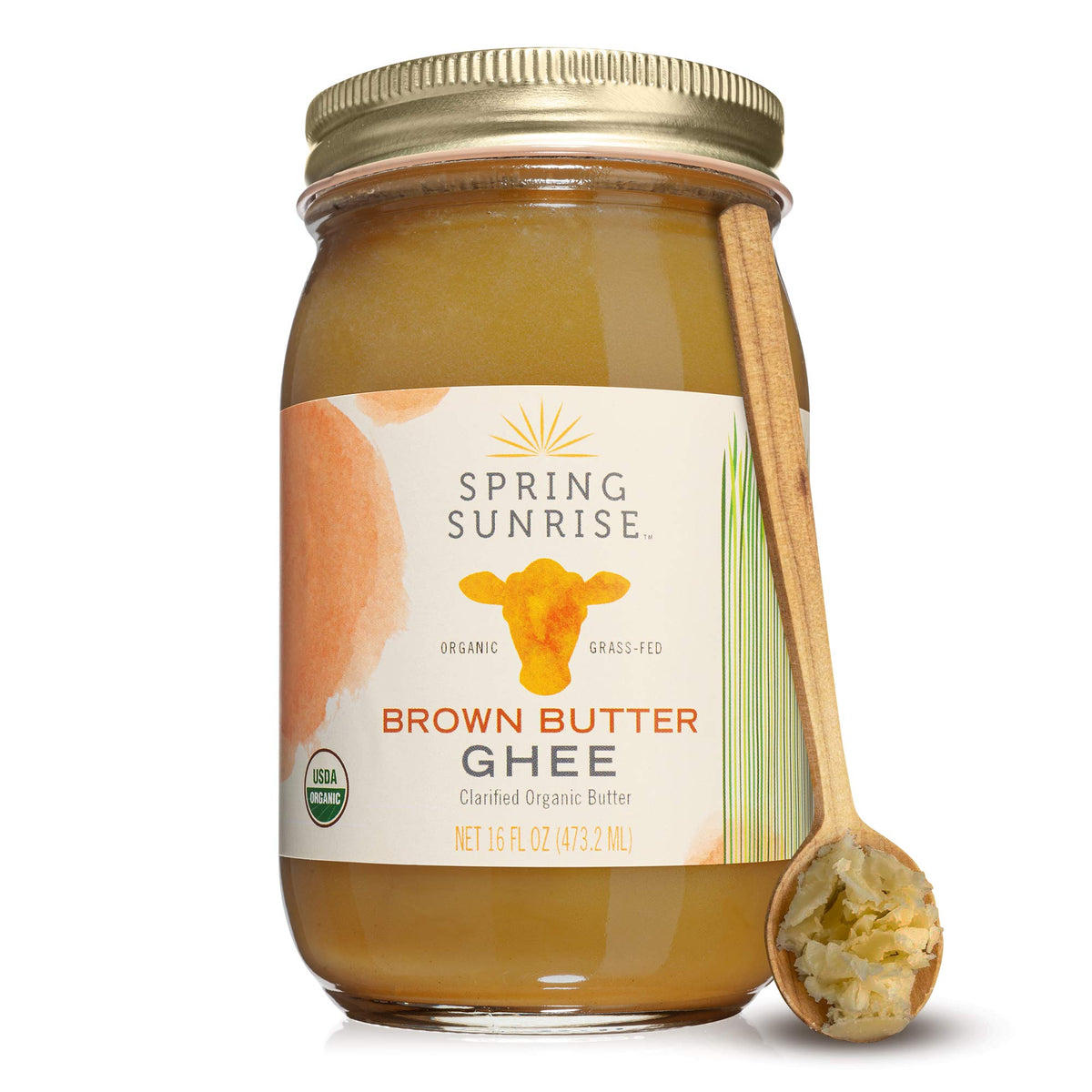 Spring Sunrise Organic Brown Ghee bottle ready for high-heat cooking