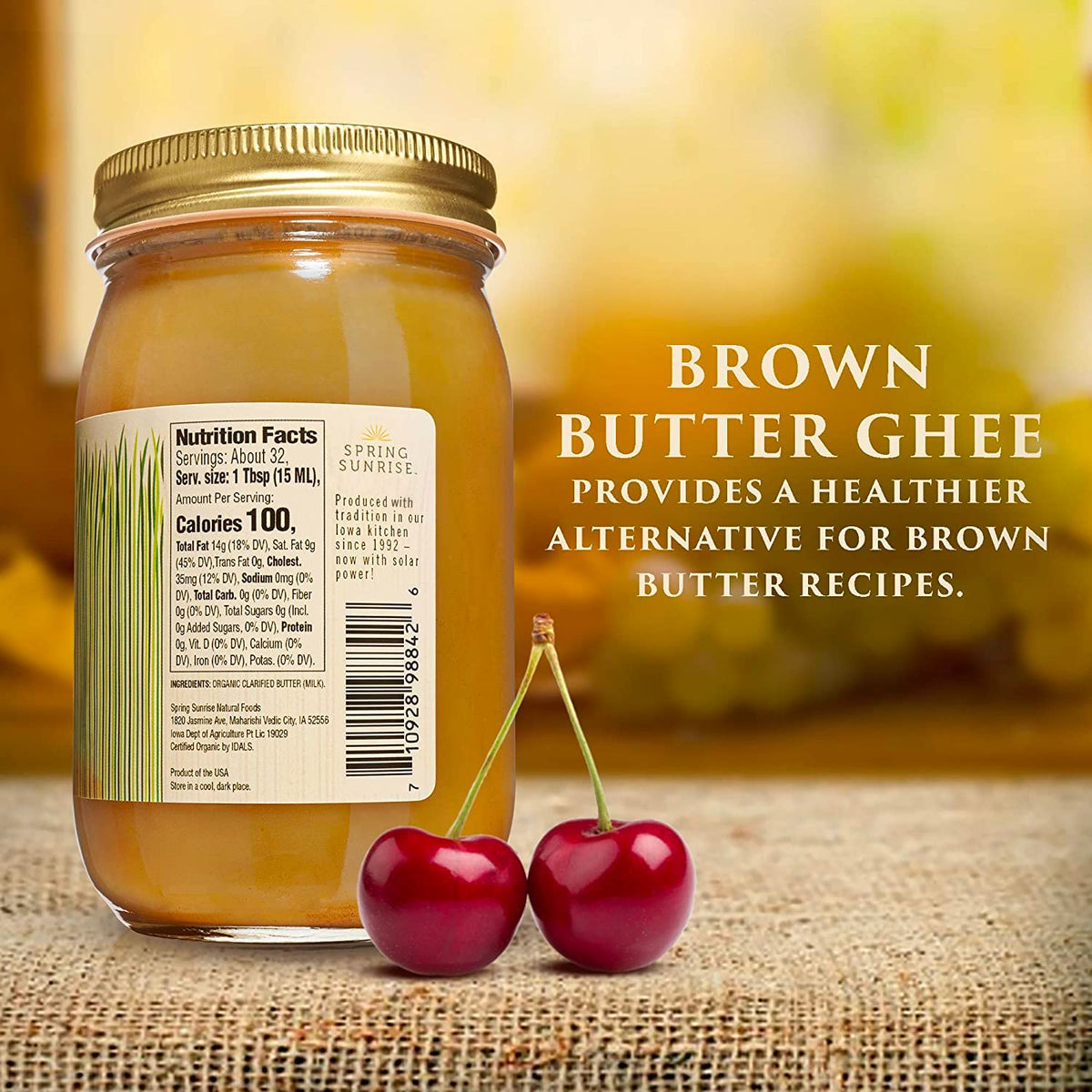 Spring Sunrise Brown Ghee jar label showing organic, grass-fed ingredients