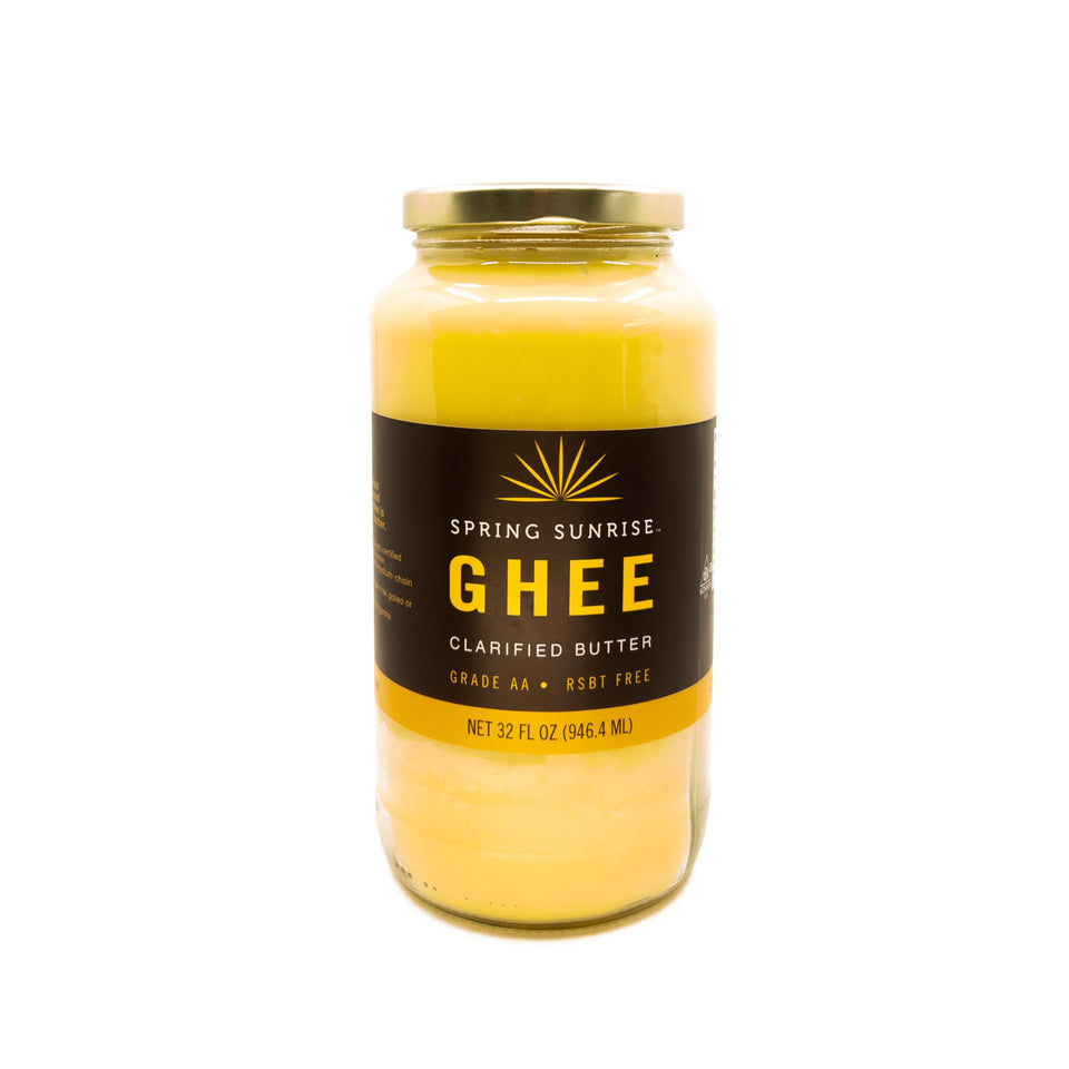 Spring Sunrise Classic Ghee 32oz jar with rich, nutty aroma for versatile cooking.
