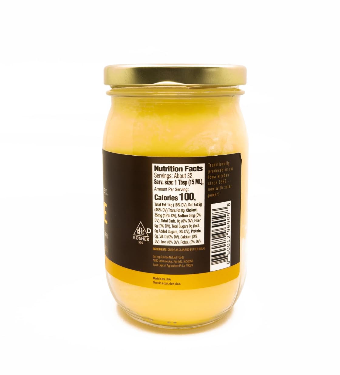 Spring Sunrise Classic Ghee label showcasing rBST-free, kosher-certified quality.