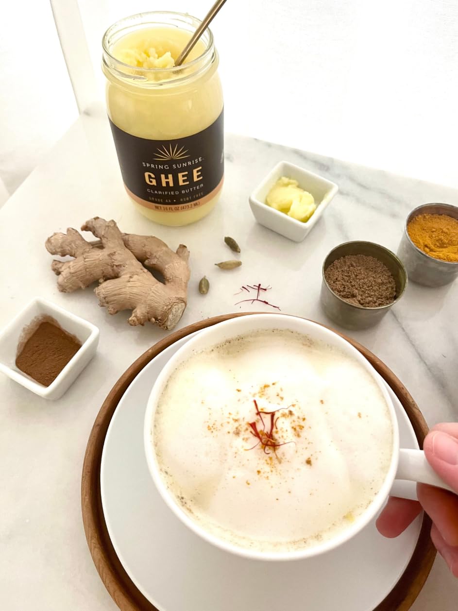 Spring Sunrise Classic Ghee pour capturing smooth texture for high-heat sautéing.