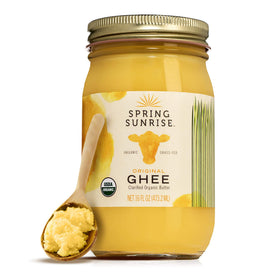 Spring Sunrise ghee in a 16oz glass jar, ready for high-heat cooking