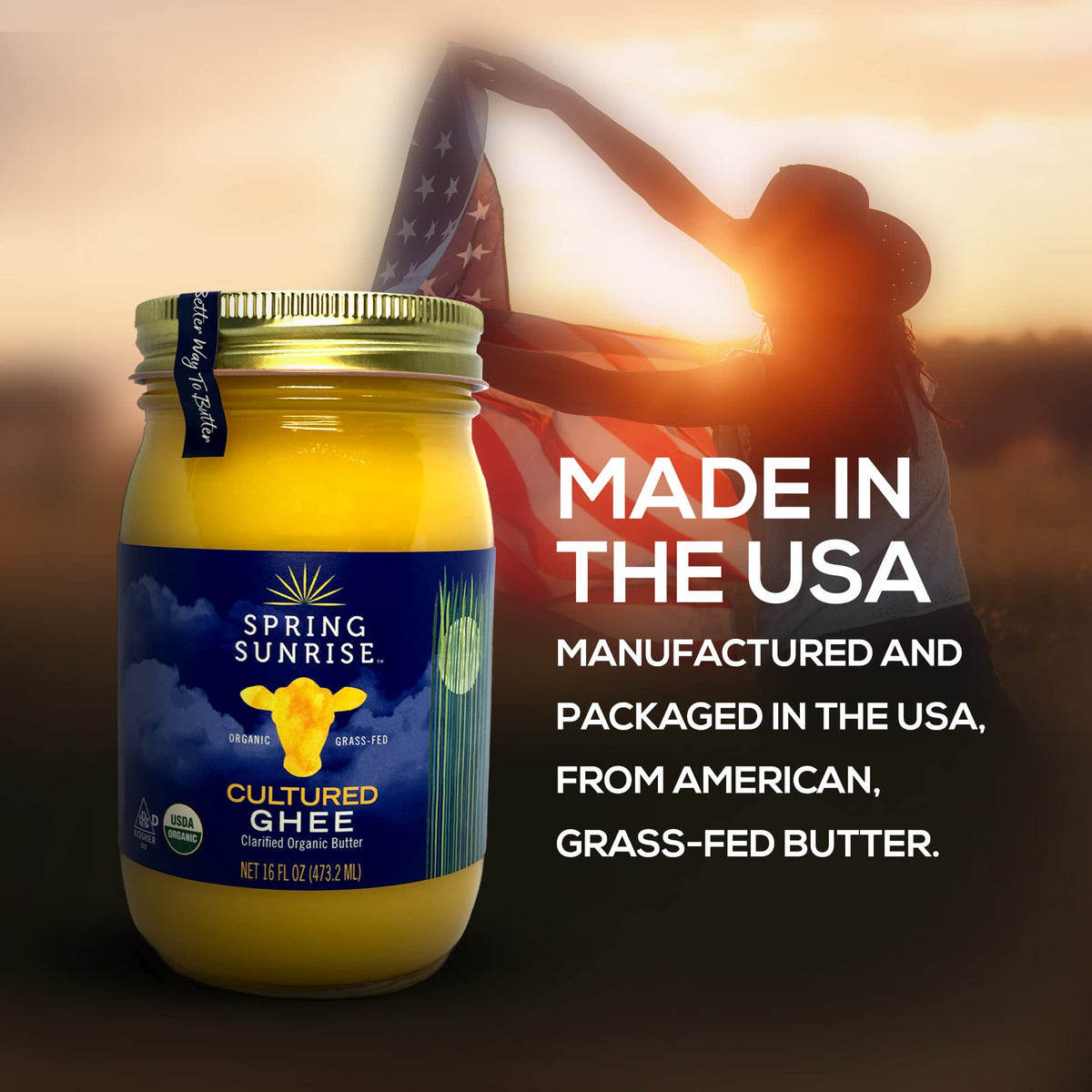 Spring Sunrise ghee jar on pantry shelf, long-lasting convenience.