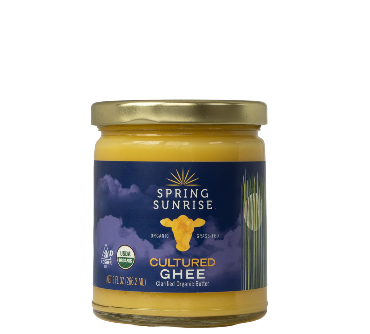 Spring Sunrise ghee jar top view, rich flavor ideal for keto and paleo cooking