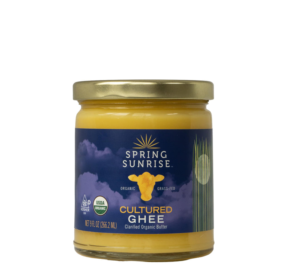 Spring Sunrise ghee jar top view, rich flavor ideal for keto and paleo cooking