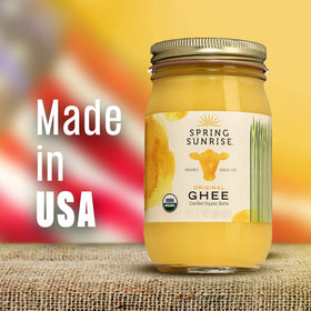 Spring Sunrise Ghee label highlights organic, grass-fed sourcing.