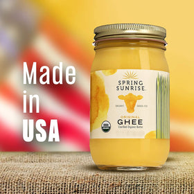 Spring Sunrise organic ghee bottle showing shelf-stable storage