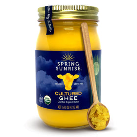 Spring Sunrise grass-fed ghee jar with label, premium high-heat cooking staple.