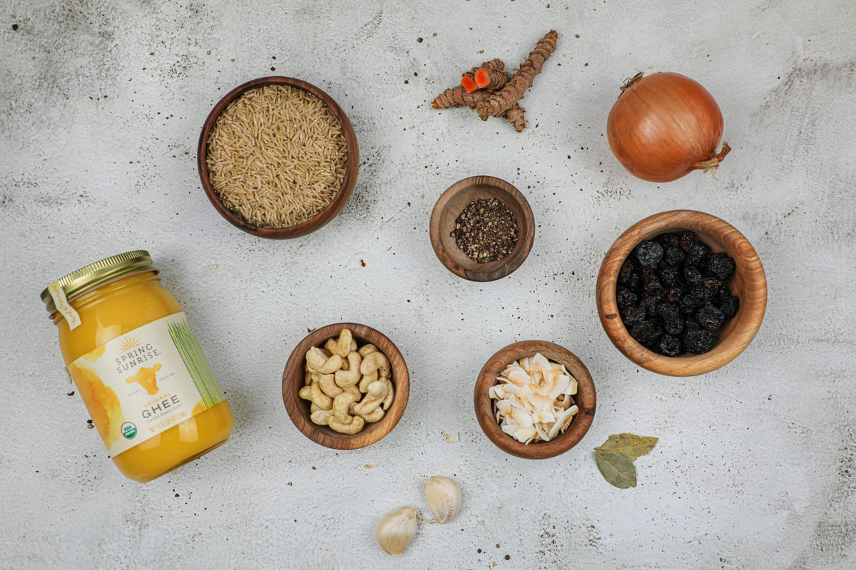 Spring Sunrise kitchen scene with ghee ready for cooking.