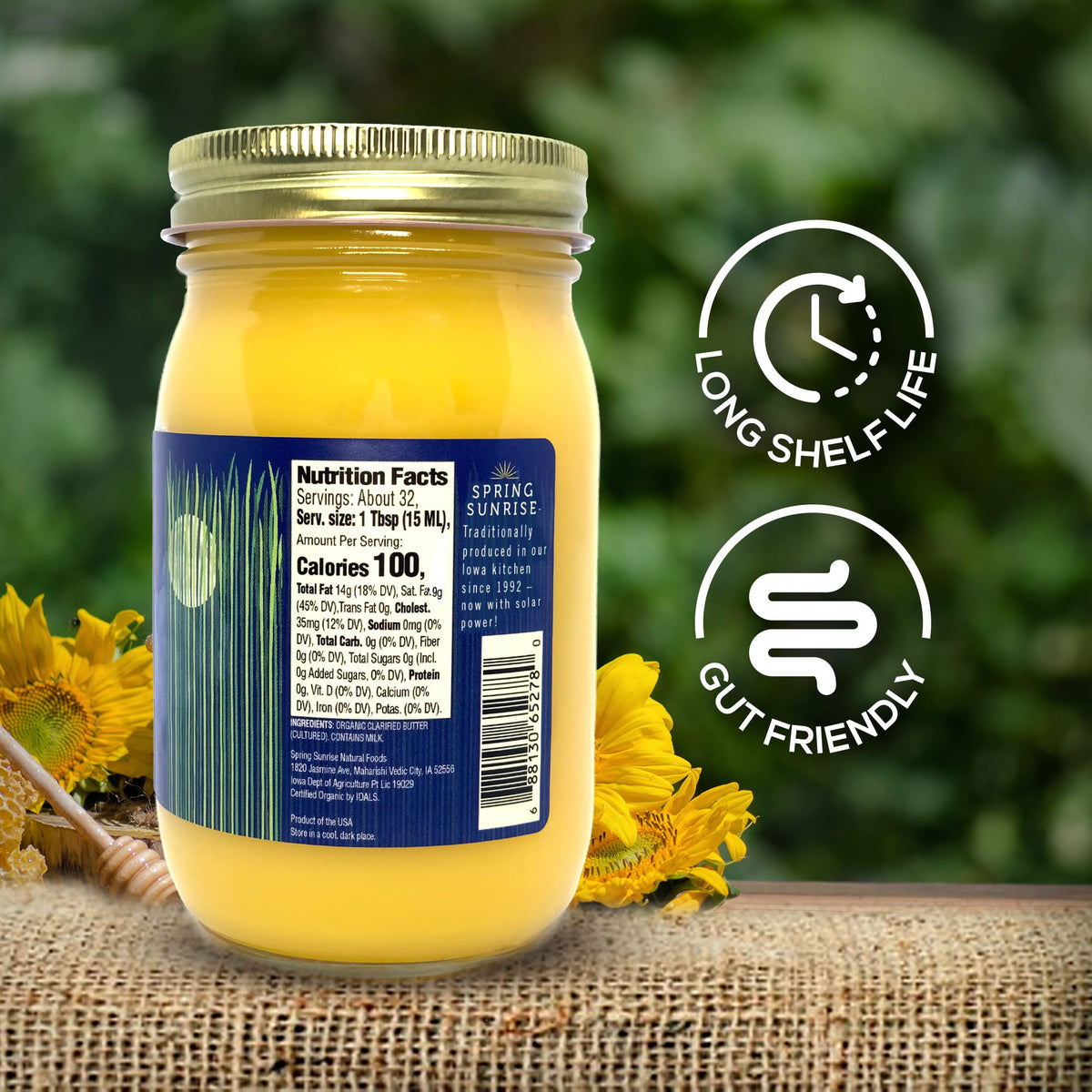 Spring Sunrise ghee highlighting omega-3 and omega-9 nutrients for meals.