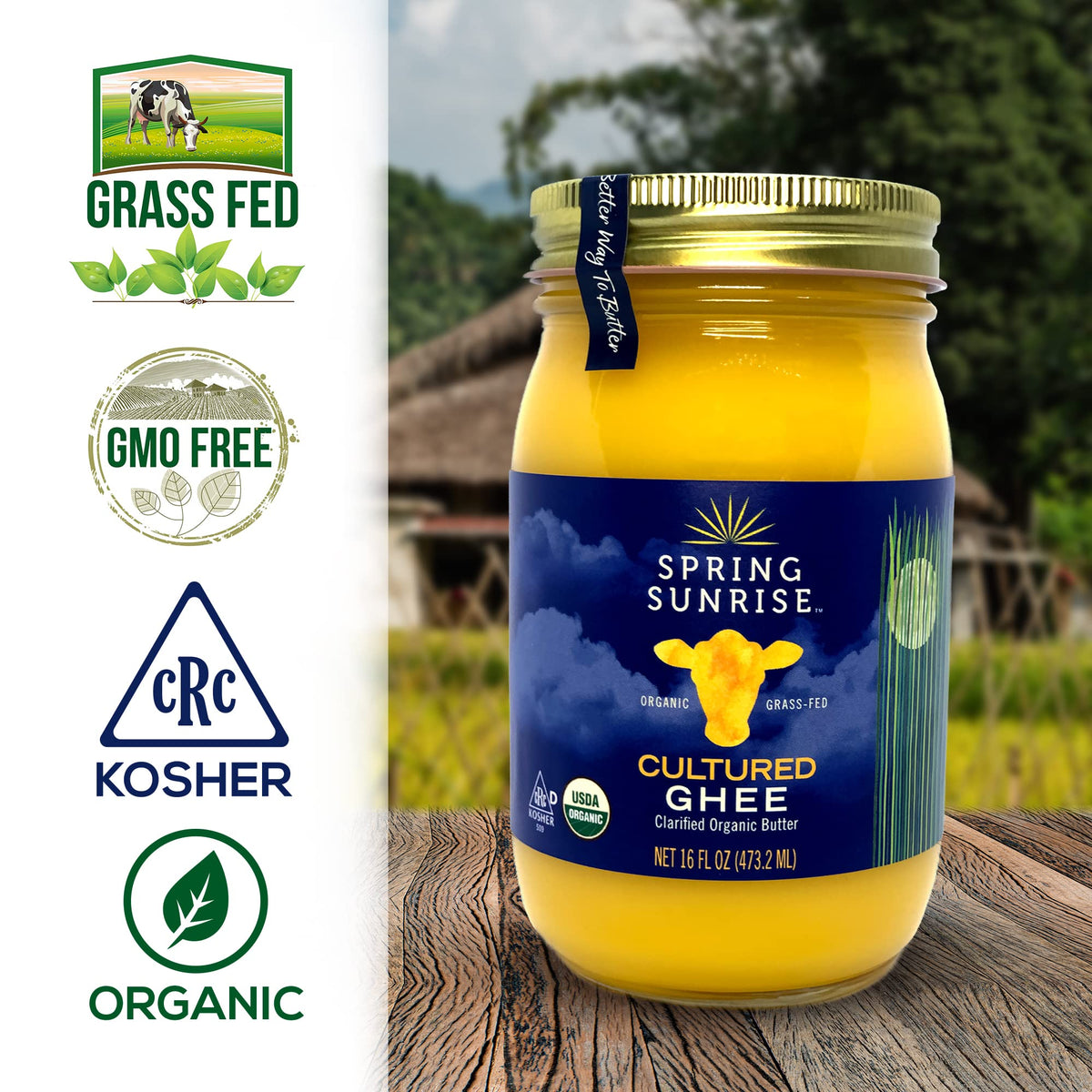 Spring Sunrise organic ghee jar close-up, highlighting pure cultured texture for cooking.